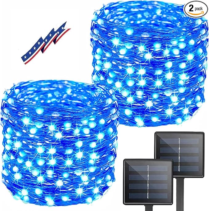 Solar String Lights Outdoor, 2-Pack Total 80FT 200 LED Solar Christmas Twinkle Lights Outside Waterproof Copper Wire 8 Modes Solar Fairy Lights for Garden Tree Party Birthday Christmas Decor (Blue)
