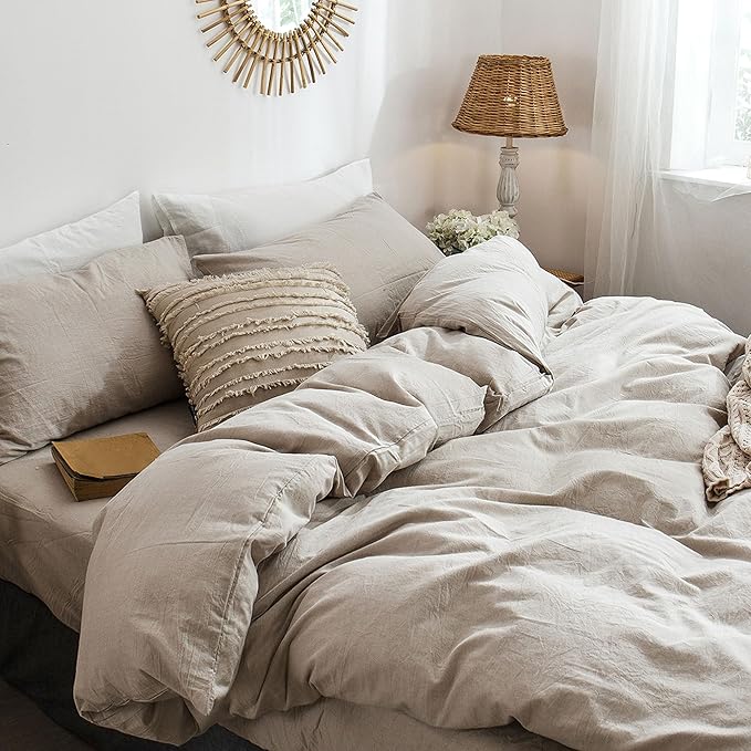 MooMee Bedding Duvet Cover Set 100% Washed Cotton Linen Like Textured Breathable Durable Soft Comfy (Heathered Tannish Linen Grey, Super Queen 90"x98")