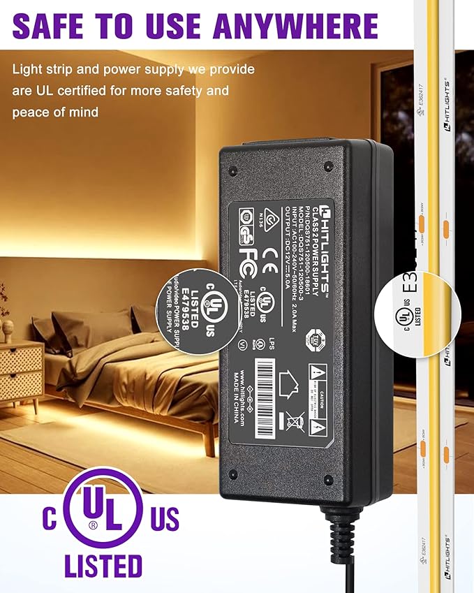 HitLights COB LED Strip Lights Kit Warm White with Remote & 24V Power Supply,16.4ft Dimmable Tape Light 3000K, 2560LEDs, 350+LM/FT, UL Listed, Flexible Rope Lights for Bedroom Kitchen Cabinet Lighting