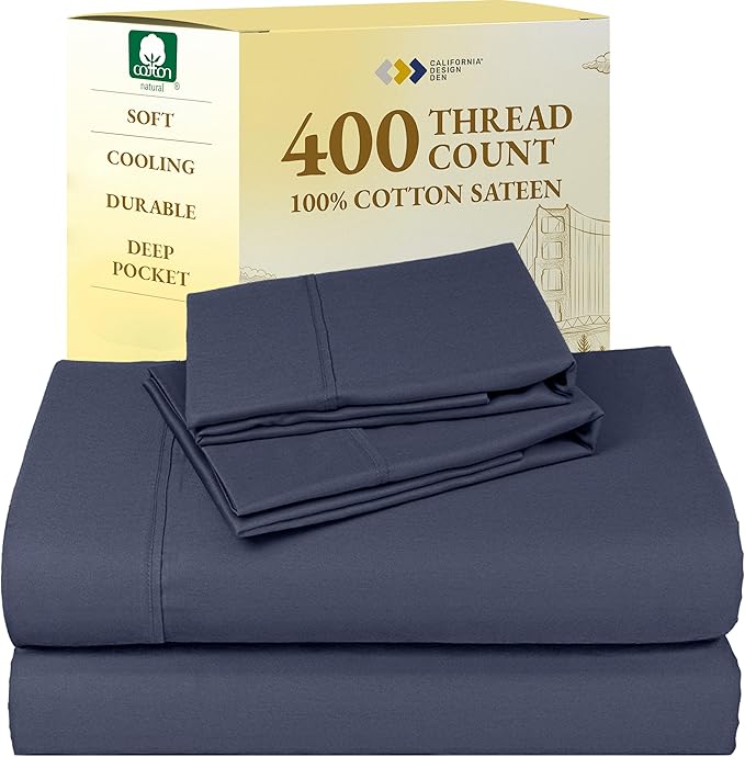 California Design Den Natural 100% Cotton Sheets, Full Size Sheets Set, 400 Thread Count Sateen Bedding, Deep Pockets for a Snug Fit, Durable & Breathable - Indigo Dusty Blue