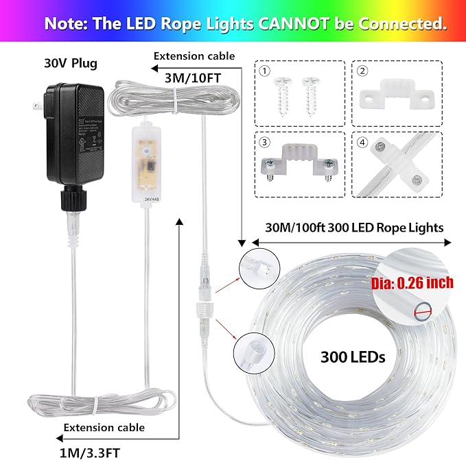 300 LED Rope Lights Outdoor String Lights Plug in, 100ft Warm White & Color Changing Christmas Lights Outdoor, Fairy Lights with Remote, Rope Lighting Waterproof for Garden Balcony(Not Connectable)