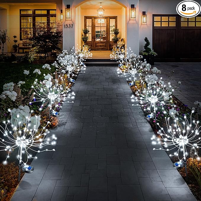 Anordsem Solar Fireworks Lights Outdoor: Garden Light Waterproof for Yard Outside - LED Starburst White Lighting Patio Path Decor 8 Pack - Gardening Gifts for Women Mom Homeowner