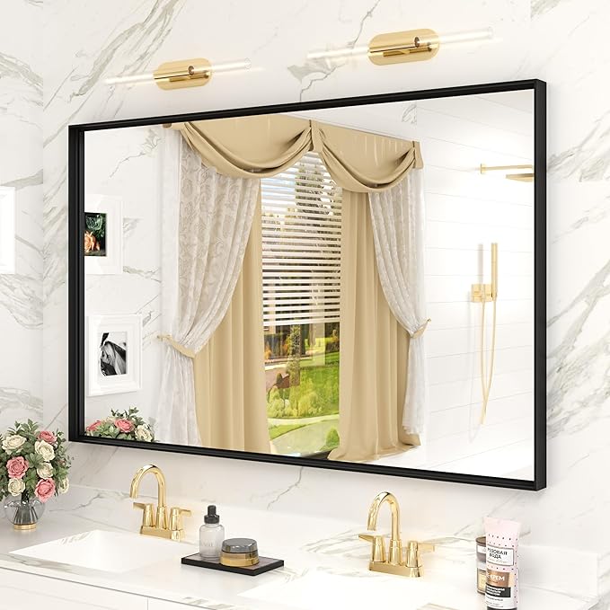 48x30 Inch Black Metal Framed Bathroom Mirror for Wall, Black Matte Rectangle Bathroom Vanity Mirror, Square Corner, Anti-Rust, Tempered Glass, Hangs Horizontally or Vertically