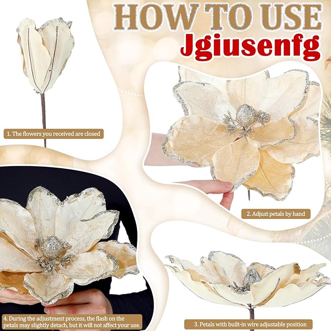 8 Pcs Large Christmas Flower Magnolia Flowers Christmas Tree Decoration Artificial Poinsettia Stems Velvet Xmas Ornaments for Xmas Tree Table Decor(Champagne,12 Inch)