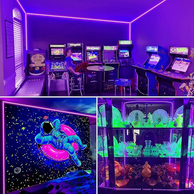 40ft Black Light Strip with Remote, 720 LED Lamp Beads, 12V Flexible Lights for Glow Party, Dimmable, Delay Off, 3 Light Modes, Indoor Fluorescent Party, Stage Lighting