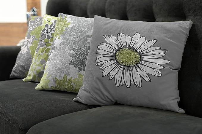Ambesonne Floral Throw Pillow Cushion Case Pack of 4, Flower Petals Color Palette Chamomile Peony Dahlia and Sunflower, Accent Double-Sided Digital Printing, 18", Grey Pastel Green