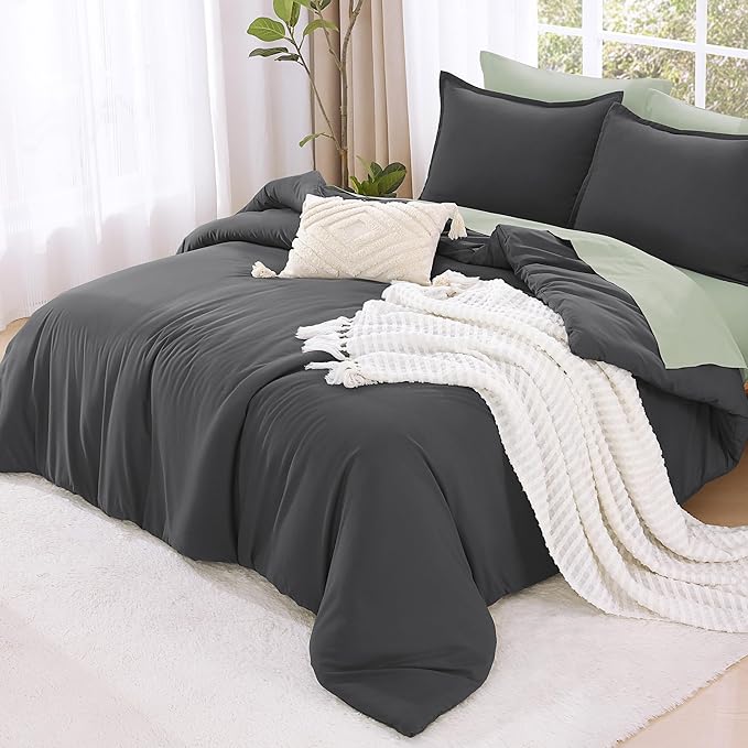 Litanika Grey Comforter Queen Size Set, Dark Gray Lightweight Plain Bedding Comforters Sets, All Season Fluffy Bed Set (90x90In Comforter & 2 Pillowcases)