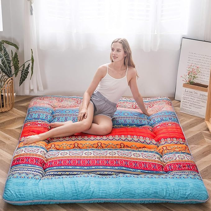 MAXYOYO Bohemian Retro Floor Mattress Vintage Floral Japanese Futon Mattress Roll Up Tatami Floor Mat Foldable Bed Portable Camping Mattress Sleeping Pad Floor Lounger Couch Bed Twin Size