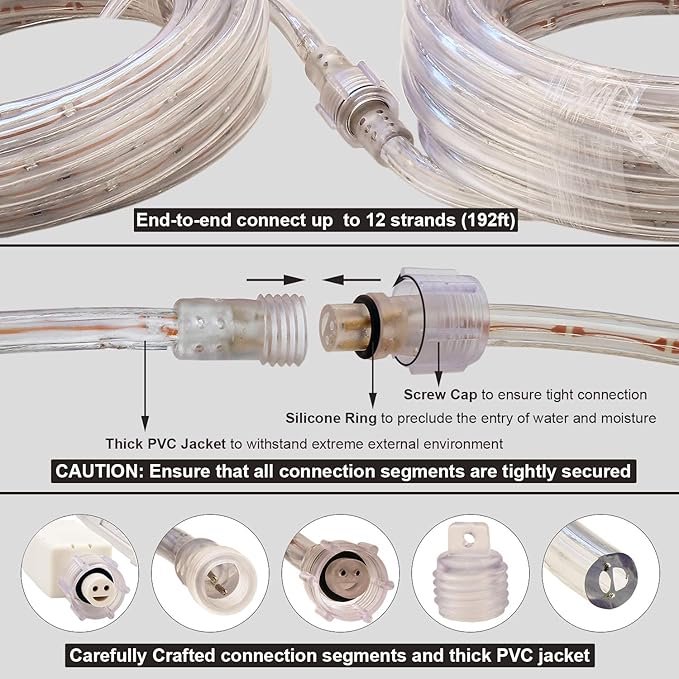 48ft Warm White LED Rope Lights Outdoor - 324 LEDs Christmas Rope Lights, 120V ETL Certified, Connectable to 192ft, Weather-Resistant, w/24 Mounting Clips & Screws - Cozy Home & Café Decor