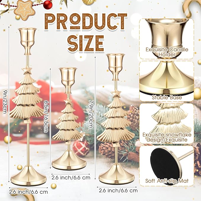 3 Pcs Christmas Candle Holders 3 Size Gold Taper Candlestick Holders Set Vintage Decorative Centerpiece for Table Mantel Wedding Housewarming Thanksgiving Gifts (Christmas Tree)
