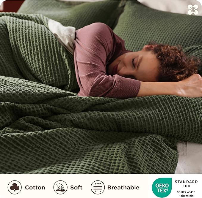 Bedsure Cotton Duvet Cover Full - 100% Cotton Waffle Weave Olive Green Duvet Cover Set, GentleSoft™ and Breathable Bedding Set for All Season, 3 Pieces, 80"x90"