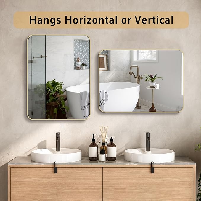30"x36" Matte Gold Mirror for Wall, Brushed Metal Framed Rounded Corner Rectangular Mirror for Bathroom Vanity,Entryway,Living Room,Bedroom,Vertical or Horizontal