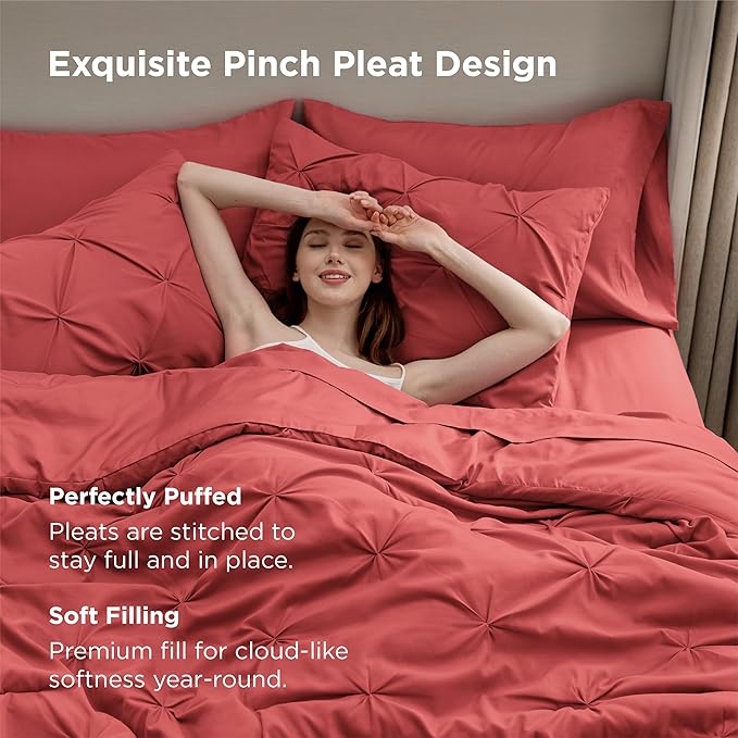 Bedsure Twin Comforter Set Coral Red - Bed in a Bag Twin Size Bedding 5 Pieces, GentleSoft™ Pintuck Bed Set Gift for Family, Pinch Pleat Coral Red Comforter with Sheets, Pillowcase & Sham