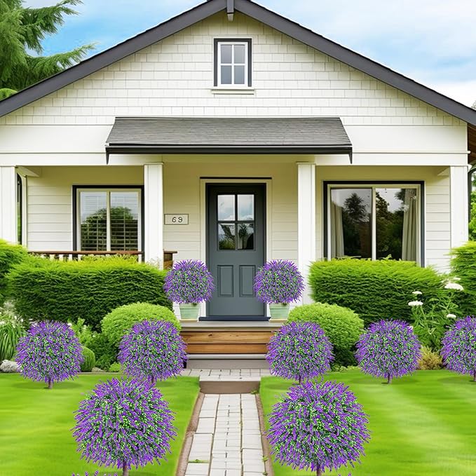 27.5" Artificial Boxwood Lavender Topiary Ball Trees, Set of 2 Fake Shrubs Bushes with Ground Spike, UV Resistant Faux Evergreen Plants for Outdoor Indoor Planters Front Porch Garden Decor