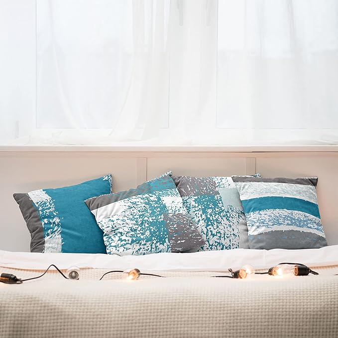 Ambesonne Grunge Throw Pillow Cushion Case Pack of 4, Abstract Design Simplistic Minimal Stripes Brushstrokes Contemporary, Modern Accent Double-Sided Digital Printing, 20", Sea Blue Grey and White