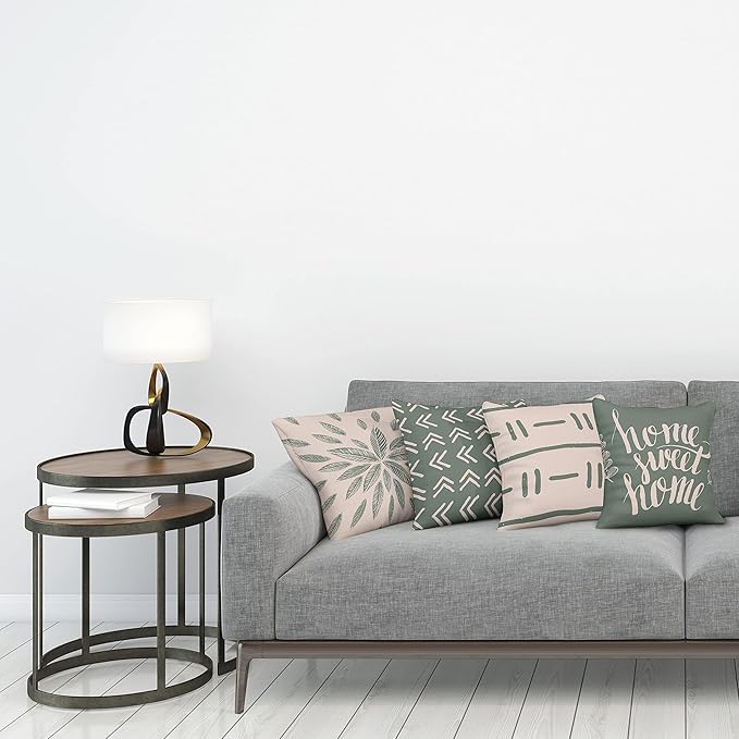 Ambesonne Modern Throw Pillow Cushion Case Pack of 4, Scandinavian Minimal Ornaments Boho Feather Leaves and Home Phrase, Modern Accent Double-Sided Digital Printing, 20", Pale Tan and Reseda Green