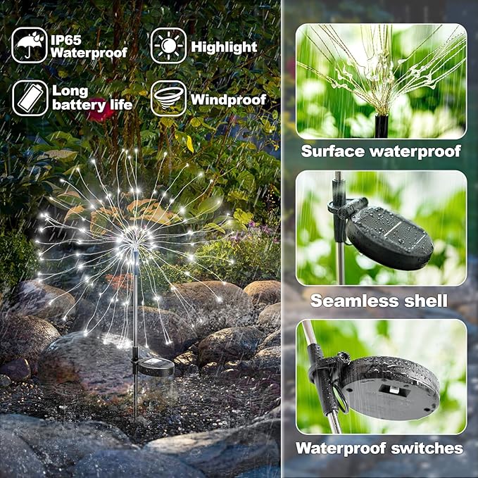 Anordsem Solar Lights Outdoor Decorative: Bendable Copper Wire with 120 LED Firework Beads - Waterproof DIY White Fun Decorating Yard Garden Patio - Christmas Gifts for Homeowner Over 30