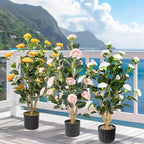 Artificial Camellia Tree 2 Pack, 36’’ Faux Camellia Plant in Pot with Pink Flowers, Greenery Potted Plant for Indoor Outdoor Office Home Porch Decor, Pink