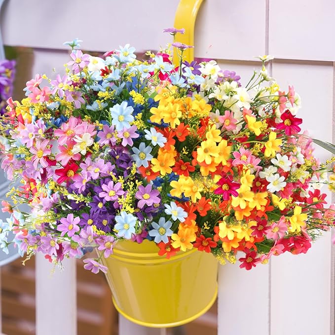 28 Bundles UV Resistant Outdoor Silk Artificial Flowers,7 Colors, Faux Daisy Flowers Hanging Fake Plants for Porch Patio Garden Window Yard Farmhouse Summer Autumn Decoration.