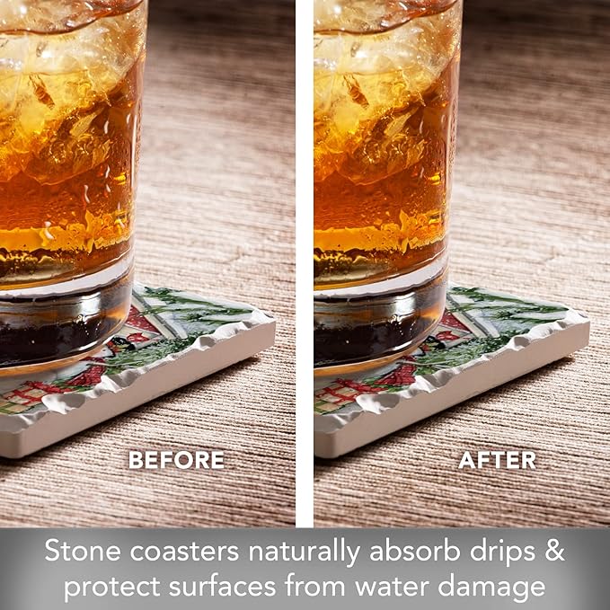 Thirstystone Snowman's Farmhouse 4 Pack Assorted Tumbled Tile Stone Coasters with Protective Cork Backing 4" Square Manufactured in The USA
