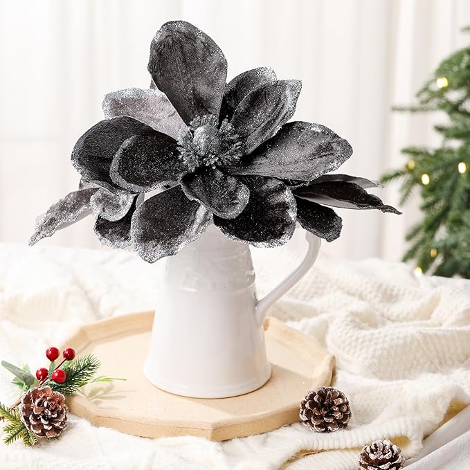8 Pcs Large Christmas Flower Magnolia Flowers Christmas Tree Decoration Artificial Poinsettia Stems Velvet Xmas Ornaments for Xmas Tree Table Decor(Gery,12 Inch)