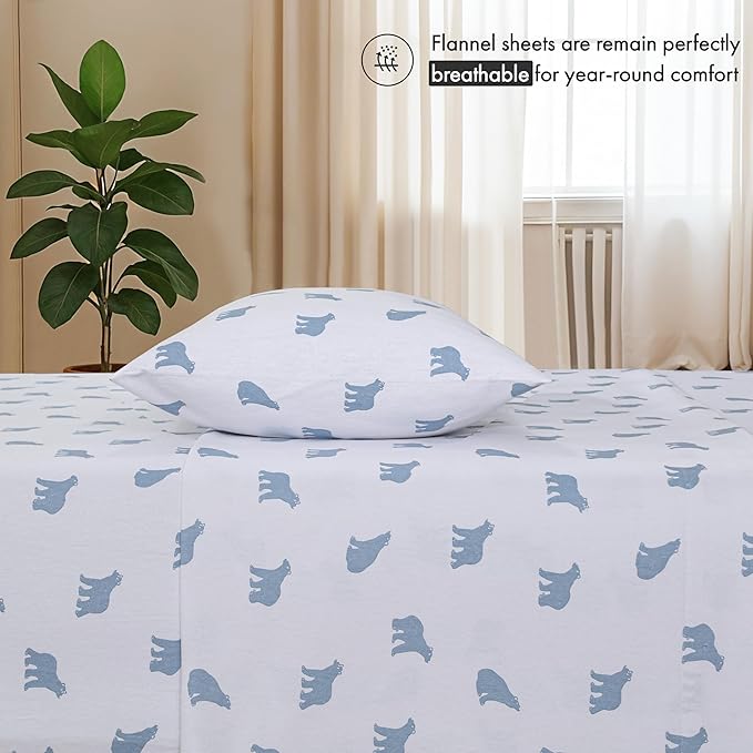 RUVANTI Flannel Sheets Queen Size - 100% Cotton Double Brushed Bed Sheets, Deep Pockets 16 Inches Queen Sheet Set, All Seasons Breathable & Extra Soft - Warm & Cozy, 4 Piece, Happy Cubs
