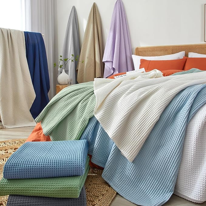 PHF 100% Cotton Waffle Weave Blanket King Size for Bed,Snag Proof Lightweight Breathable Moisture-Wicking Throw for Couch,Great for Layering in Cold Weather,Machine Washable,Home Decor Gift-Cream