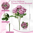Purple Roses Artificial Flowers - 8 Bundles Fake Silk Rose Flower Realistic Faux Florals Bulk for Wedding Bridal Party Baby Shower Event Home Arrangements Centerpieces Decor (Dusty Purple)