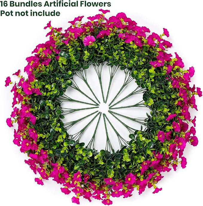 Artificial Faux Flowers for Outdoor 16 Bundles Boxwood Fake Morning Glory for Planter,UV Resistant Fake Flowers for Home Porch Patio Outside（Magenta）