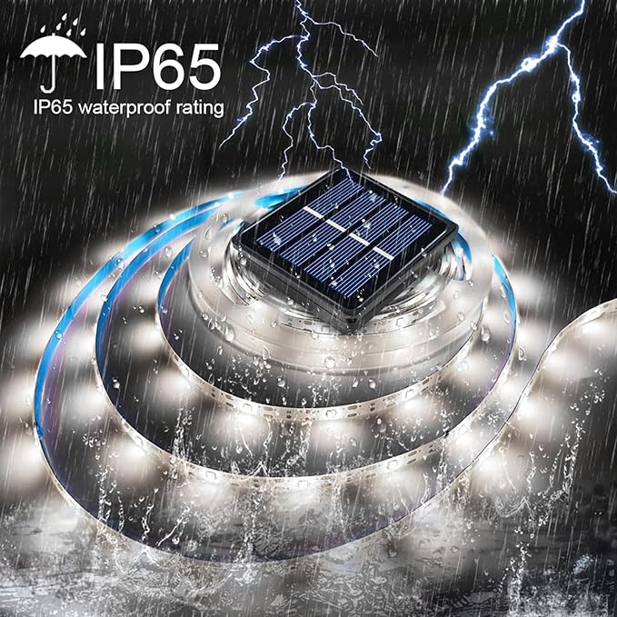 Solar LED Strip Lights Outdoor Waterproof 19.6FT 180 LED White Cuttable Solar Powered Tape Light for Halloween, Outside, Pool, Stair, Driveway, Canopy, Accent Lighting (Upgraded Version)