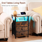 AMHANCIBLE Night Stand Set 2, LED Nightstand with Charging Station, End Side Tables with USB Port & Outlet, Bedside Tables with Fabric Drawers for Bedroom Living Room, Rustic Brown HET053LBR