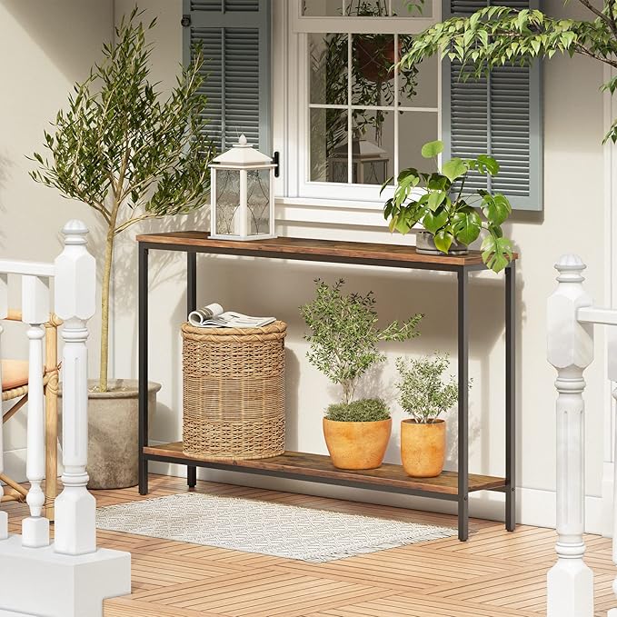 HOOBRO Console Table, 47.2" Narrow Entryway Table, Industrial Sofa Table with Shelf, Entrance Table for Living Room, Hallway, Foyer, Corridor, Office, Metal Frame, Rustic Brown and Black BF20XG01G1