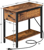 HOOBRO End Table with Charging Station, Narrow Side Table, Small Nightstand, Bedside Tables with Drawer and Storage Shelves, for Small Spaces, Living Room, Bedroom, Rustic Brown and Black BF041BZ01G1