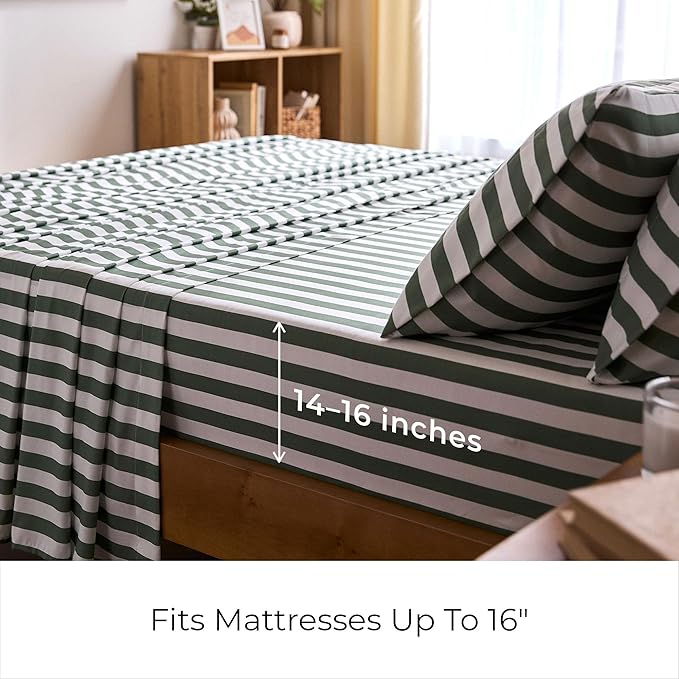 Mellanni Full Sheets Set - 4 PC Iconic Collection Bedding - Hotel Luxury, Extra Soft, Cooling Bed Sheets - Wrinkle, Fade, Stain Resistant (Full, Oxford Stripe Sage)
