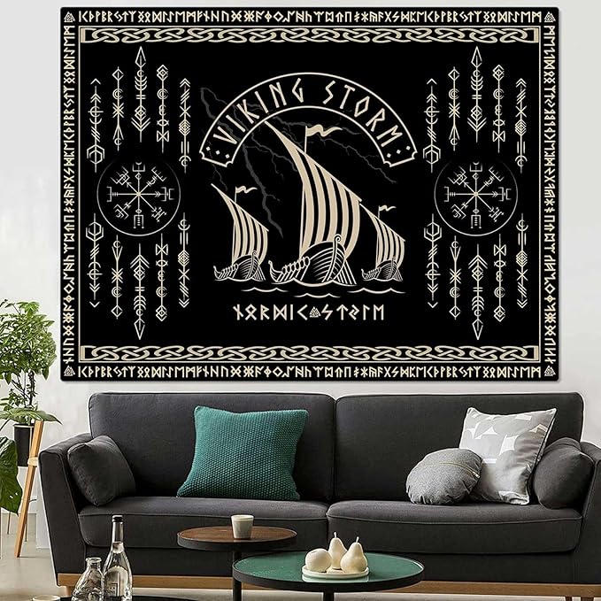 OSUNBD Viking Warship Tapestry Wall Hanging - Small 60x51inches Storm & Celtic Runes on Soft Flannel Aesthetic Mythology Tapestries Norse Mythology Art for Bedroom, Living Room Decor