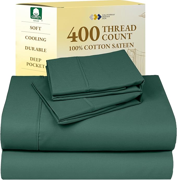 California Design Den Full Size Bed Sheets Set - Soft 400 Thread Count Sateen, Natural 100% Cotton Sheets with Deep Pockets, Breathable, Cooling and Durable Bedding Set - Hunter Green