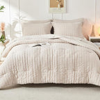 HYMOKEGE Beige King Size Comforter Set Seersucker 7 Pieces, All Season Luxury Bed in a Bag for Bedroom, Bedding Set with Comforters, Sheets, Pillowcases & Shams