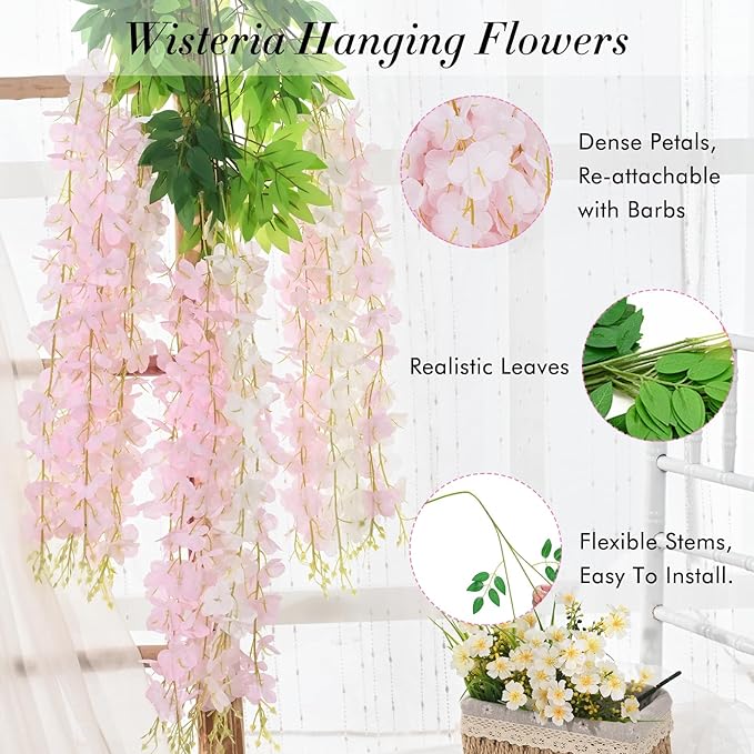 40 Pack White Pink Wisteria Hanging Flowers, Fake Flowers for Decoration, Artificial Hanging Flowers,Vines for Bedroom,Flower Garland for Home,Party,Garden, Wall,Wedding Decoration(3.6 Ft/Pcs)