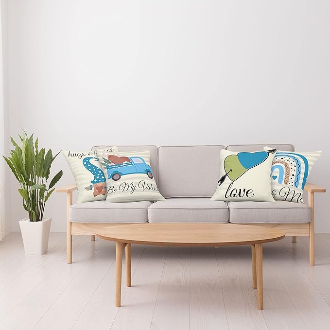 Ambesonne Romantic Throw Pillow Cushion Case Pack of 4, Love Hearts Arrow You and Me Be My Valentine Hugs Kisses Lettering, Modern Accent Double-Sided Digital Printing, 18", Ivory Blue and Olive Green
