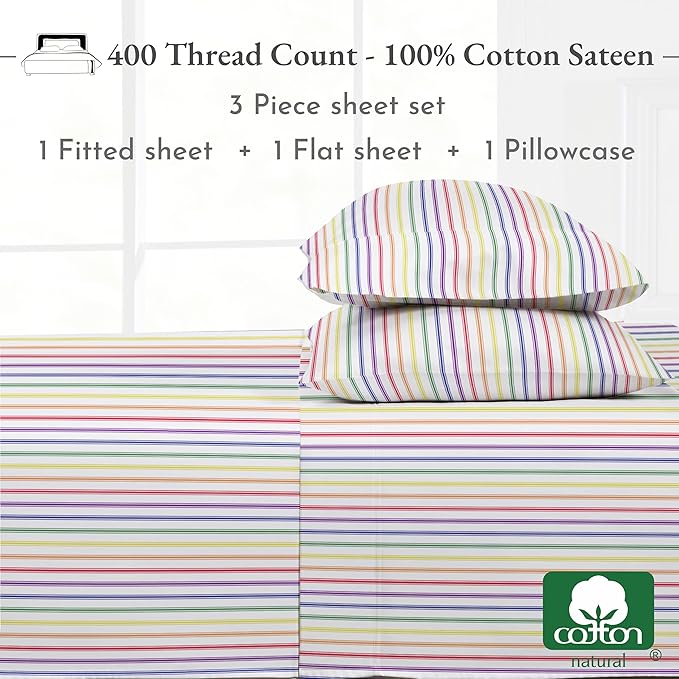 California Design Den Deep Pocket Twin Sheets Set - 400 Thread Count Sateen, Natural 100% Cotton Sheets, Cooling and Durable Bedding Set - Rainbow Striped