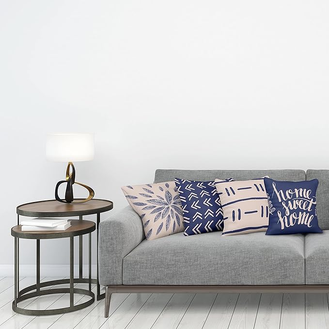 Ambesonne Modern Throw Pillow Cushion Case Pack of 4, Scandinavian Minimal Ornaments Boho Feather Leaves and Home Phrase Print, Modern Accent Double-Sided Digital Printing, 18", Pale Tan and Indigo