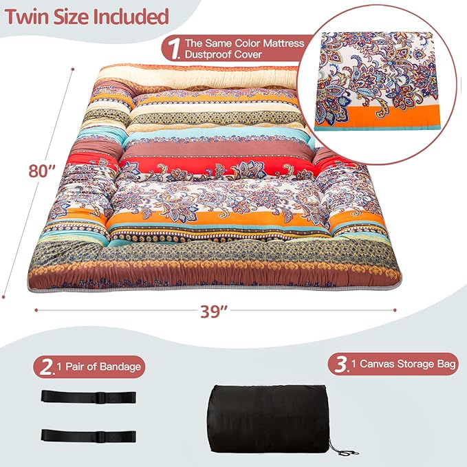 MAXYOYO Bohemian Retro Floor Mattress Vintage Floral Japanese Futon Mattress Roll Up Thicken Sleeping Bed Portable Camping Mattress Floor Lounger Couch Bed Pad, Twin Size