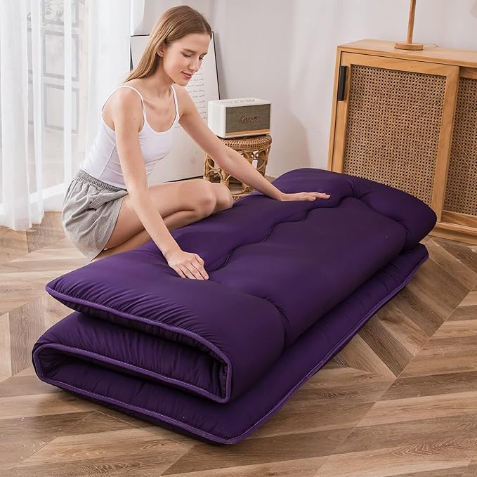 MAXYOYO Japanese Floor Futon Mattress, Roll Up Floor Mattress for Adults Foldable Tatami Mat Sleeping Pad Dormitory Bed Lounger, Purple, Twin Size