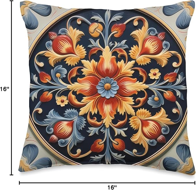 Traditional Norwegian Rosemaling Folk Art Throw Pillow