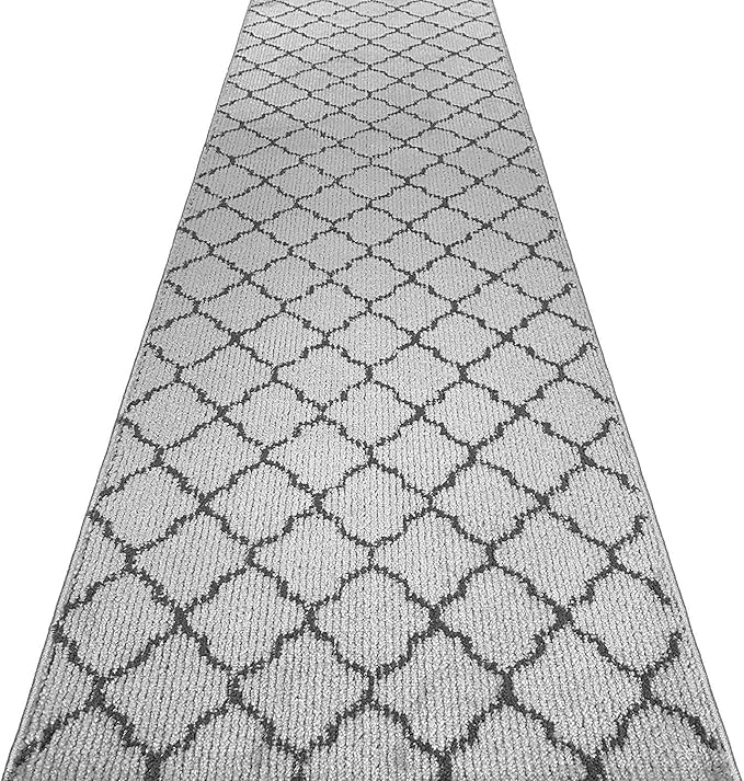 Custom Size Modern Runner Rug Carpet for Hallway Entryway Foyer Kitchen, Slip Resistant Latex Rubber Backed 31 inch Wide X Customized Length, Trellis Grey, 31 inch X 15 feet
