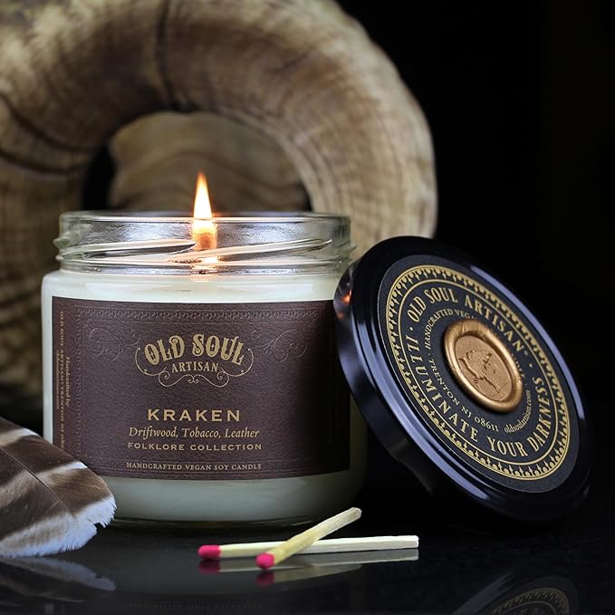 Kraken - Teakwood Driftwood, Tobacco, Leather Scented Soy Candle - Scandinavian Viking Norse Mythology Sea Monster - Nautical Beach Decor Boating Gift - 12oz Vegan