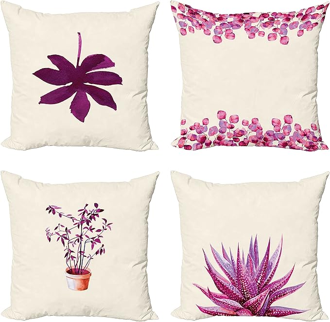 Ambesonne Botanical Throw Pillow Cushion Case Pack of 4, Minimalist Watercolor Painting Leaves Agave Branches Plant in a Pot, Modern Accent Double-Sided Digital Printing, 24", Dark Magenta and Pink