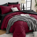 HEVUMYI Red & Black Cali-King Comforter Set - 7-Piece All Season Bed in a Bag Cali-King, Ultra Soft Burgundy Bedding Set with Comforter, Flat Sheet, Fitted Sheet, Pillowcases, Pillow Shams, Burgundy