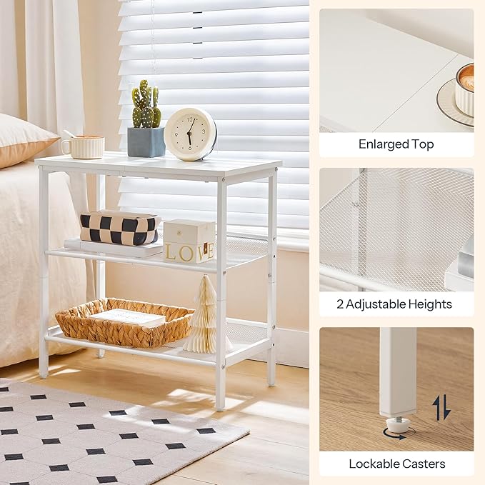 HOOBRO End Table, 3-Tier Narrow Side Table, Nightstand with 2 Flat or Slant Adjustable Shelves for Small Spaces, Hallway, Living Room, Bedroom, Sturdy, Easy Assembly, White WT23BZ01G1