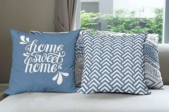 Ambesonne Geometric Throw Pillow Cushion Case Pack of 4, Home Phrase Minimal Zigzag Squama Dahlia Flower Petals Chevron Tribal, Modern Accent Double-Sided Digital Printing, 20", Slate Blue and White
